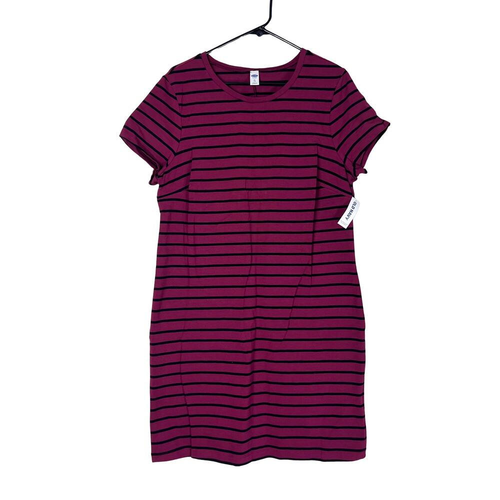 Old Navy Striped Tee Dress Burgundy Red Black Short Sleeve Casual Everyday - Picture 3 of 7